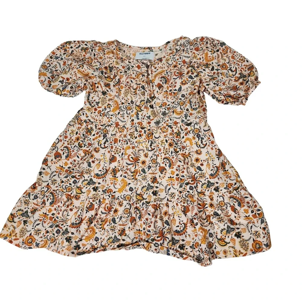 Old Navy Girls S 6-7 Floral Tiered‎ Babydoll Dress Puff Sleeve Boho Cream Orange